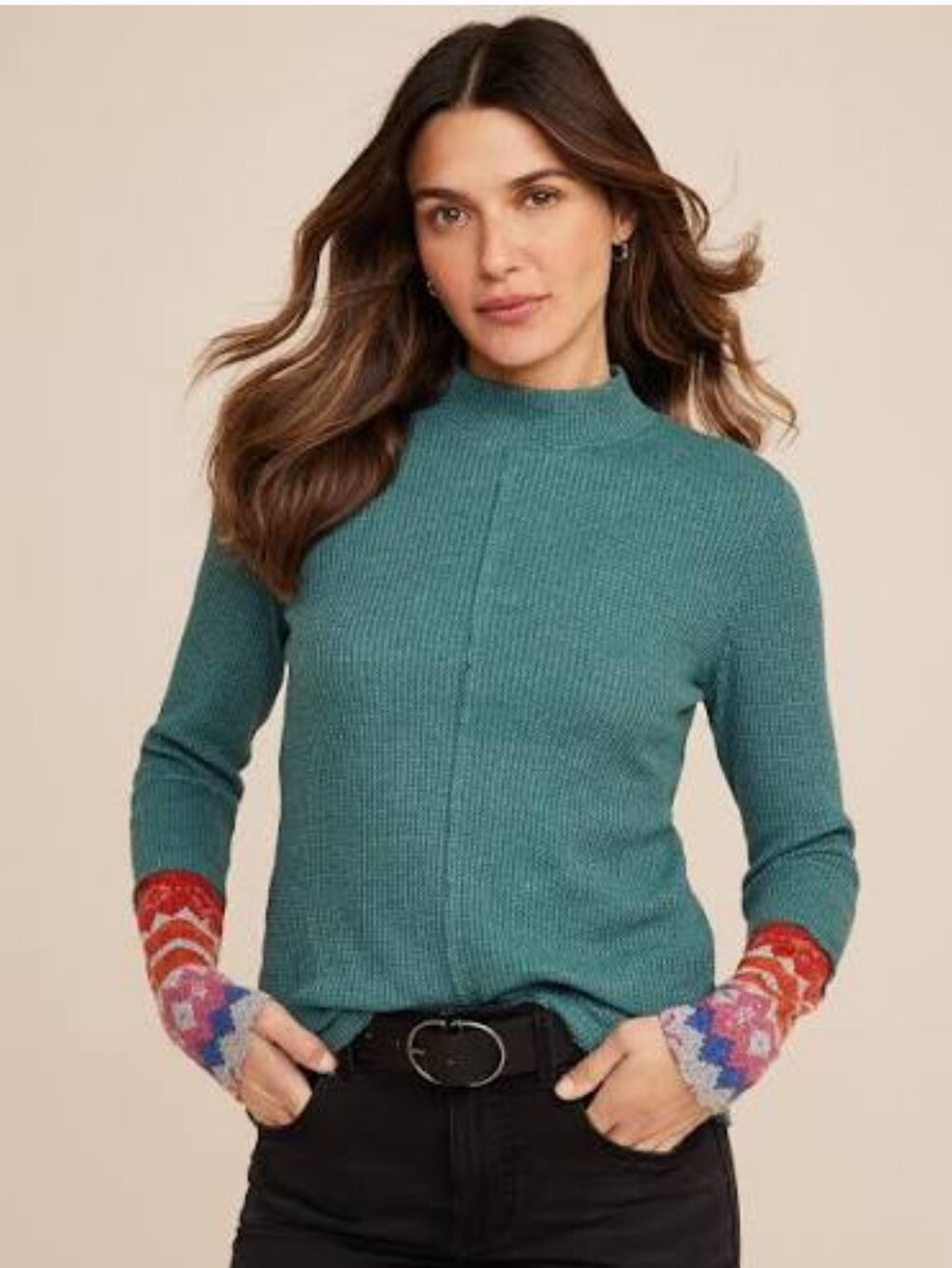 Maurices Waffle Mock Neck Fair Isle Cuff Mixer Tee NWT